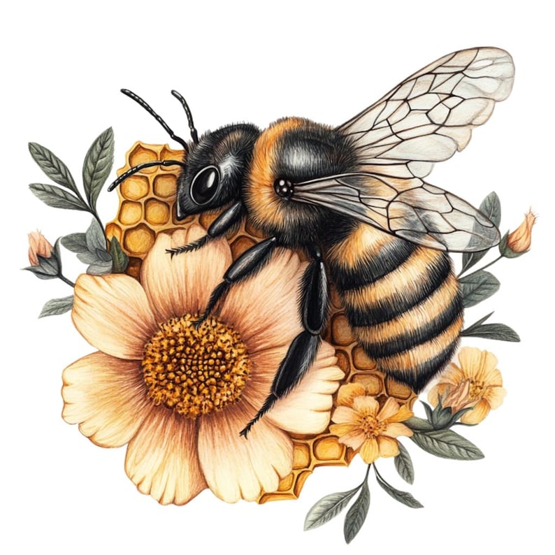 Puede incluir: Una pintura de acuarela de una abeja en un panal con una flor amarilla. La abeja es negra y amarilla con alas transparentes. La flor es de color marr&oacute;n claro con un centro amarillo.