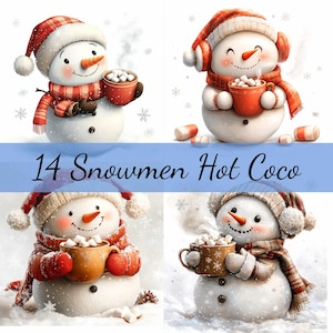 Paquete de 14 imágenes prediseñadas navideñas de muñeco de nieve con taza de chocolate caliente, 14 archivos JPG de alta calidad, manualidades, creación de tarjetas, imágenes prediseñadas, manualidades con papel digital, álbumes de recortes