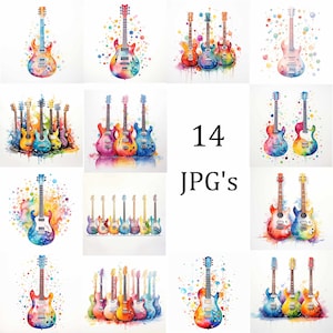 14 elektrische gitaren clipartbundel, hoogwaardige JPG, uitnodigingen, kaarten maken, illustraties, Digital Paper Craft, scrapbooking, kunst aan de muur