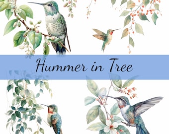 16 Hummingbird and Tree Clipart Bundle, 16 High-Quality JPG, Craft Art, Card Making, Clip Art, Digital Paper Craft, Scrapbooking