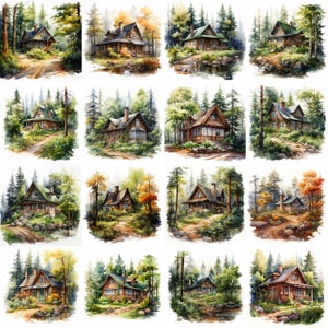 16 Cabin in Woods Clipart Bundle, High-quality JPG, Craft Art, Card