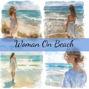 May include: A watercolour print with four beach scenes. Each scene shows a woman on a beach, with the sea and sky in the background. The text "Woman On Beach" is written across the image in a cursive font.