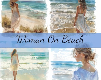 16 Woman At The Beach Oceaan clipartbundel, 16 hoogwaardige JPG, ambachtelijke kunst, kaarten maken, illustraties, digitale papierkunst, scrapbooking