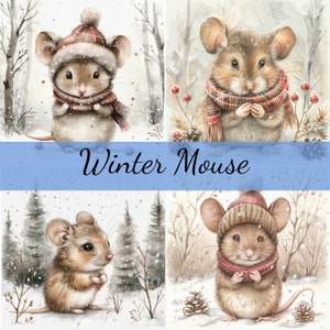 Lot de 16 cliparts hiver souris avec neige, 16 images JPG de haute qualité, création artistique, fabrication de cartes, clipart, créations numériques sur papier, scrapbooking