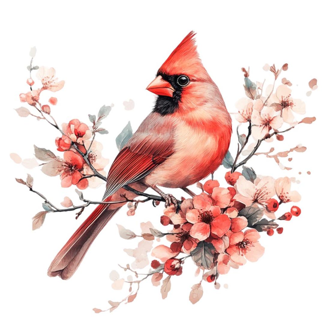 Folk Art Cardinal Bird on Branch Clipart Bundle 12 Transparent PNG
