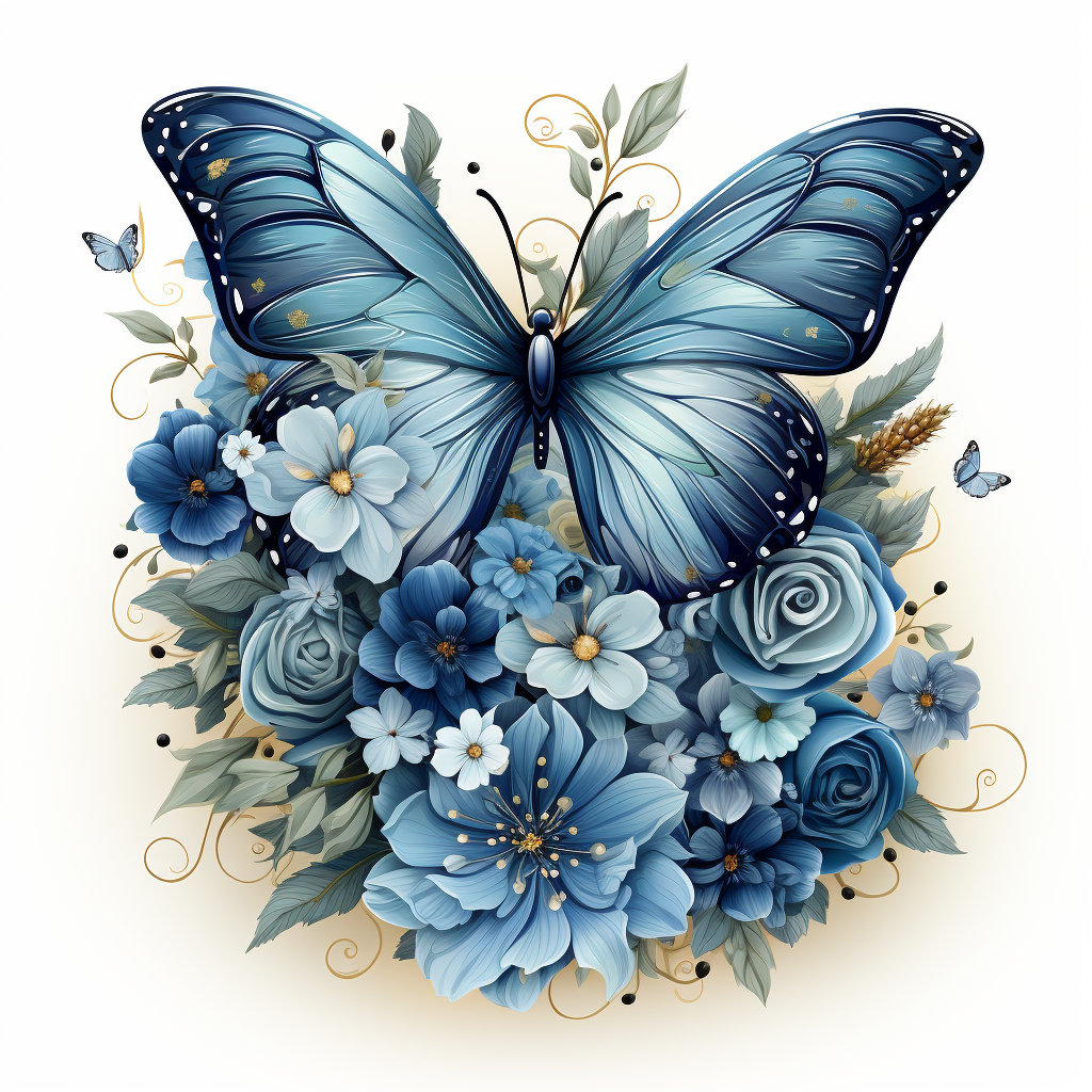 16 Blue Butterflies With Flowers Clipart Bundle, 16 High-quality Jpgs