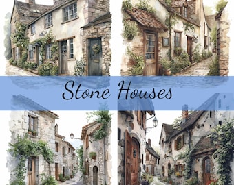 15 Old Stone Houses in a Row Clipart Bundle, 15 High-Quality JPG, Craft Art, Card Making, Clip Art, Digital Paper Craft, Scrapbooking