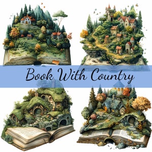 16 open boek W Fantasy Country Scene Coming Out Clipartbundel, hoogwaardige JPG, ambachtelijke kunst, kaarten maken, illustraties, scrapbooking