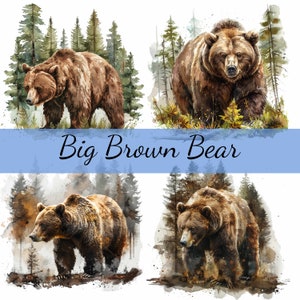 Lot de 16 cliparts grand ours brun dans les bois, 16 fichiers JPG de haute qualité, création artistique, fabrication de cartes, clipart, créations numériques sur papier, scrapbooking