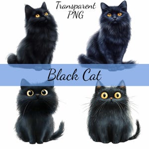 15 黒猫ふわふわ 15 クリップアート バンドル、透明 PNG ダウンロード、カード、クリップアート、デジタル ペーパー クラフト スクラップブッキング、フォーク アート