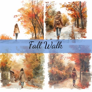 15 Donna che cammina in autunno Clipart Bundle, 15 JPG di alta qualità, Artigianato artistico, Creazione di biglietti, Clip Art, Artigianato di carta digitale, Scrapbooking