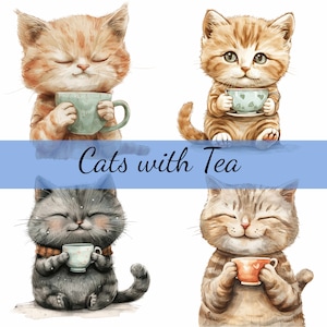 Lot de 16 cliparts chat avec tasse à thé, tasse à café, 16 images JPG de haute qualité, création artistique, fabrication de cartes, clipart, créations numériques sur papier, scrapbooking