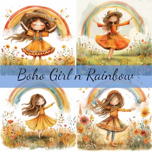Lot de 16 cliparts fille bohème dansant dans un pré de fleurs, 16 fichiers JPG de haute qualité, création artistique, fabrication de cartes, clipart, papier numérique, scrapbooking