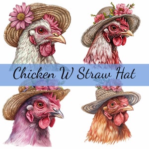 Lot de 16 cliparts poulet avec chapeau de paille et fleurs, JPG de haute qualité, création artistique, fabrication de cartes, clipart, créations numériques sur papier, scrapbooking