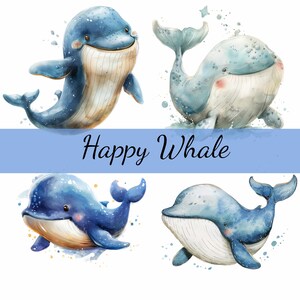 16 Happy Cartoon Blue Whale Clipart Bundle, 16 High-Quality JPG, Craft Art, Card Making, Clip Art, Digital Paper Craft, Scrapbooking