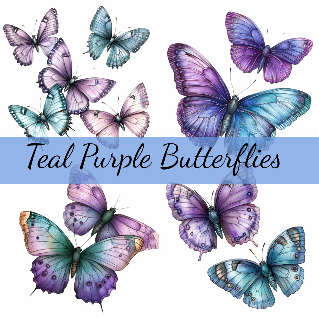 12 Purple Teal Blue Butterflies Clipart Bundle, 12 High-quality