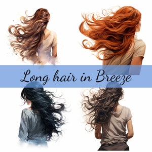 Puede incluir: Cuatro mujeres con el pelo largo que se mueve con el viento. Las mujeres llevan camisas blancas sencillas y están de espaldas a la cámara. El pelo es castaño, rojo, negro y castaño oscuro.