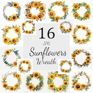 Lot de 16 cliparts couronnes de tournesol, 16 images JPG de haute qualité, art mural, fabrication de cartes, clipart, créations numériques en papier, JPG tournesol, art tournesol
