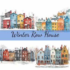 Paquete de 16 imágenes prediseñadas de casas adosadas en la nieve del invierno, 16 imágenes en formato JPG de alta calidad, manualidades, creación de tarjetas, imágenes prediseñadas, manualidades con papel digital, álbumes de recortes