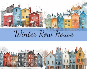 16 Row House in Winter Snow Clipart Bundle, 16 High-Quality JPG, Craft Art, Card Making, Clip Art, Digital Paper Craft, Scrapbooking