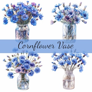 15 Kornblume in einer Vase Blaue Blume Clipart-Bundle, 15 hochwertige JPG, Craft Art, Card Making, Clip Art, Digital Paper Craft, Scrapbooking