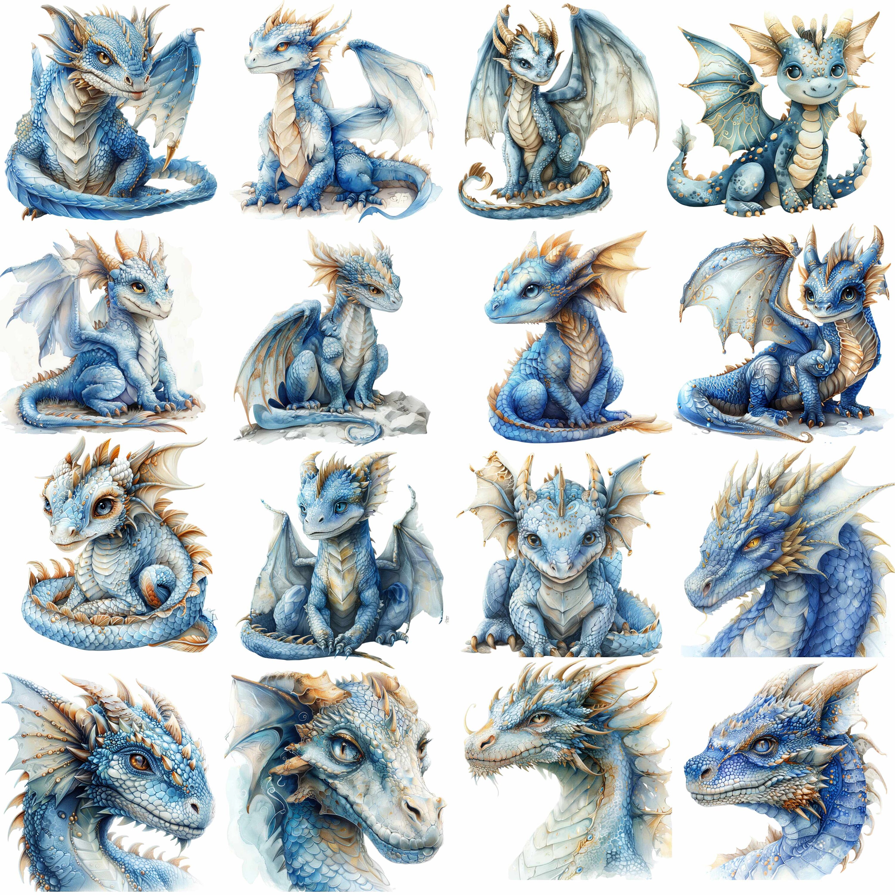Blue and Gold Dragon Clipart Bundle, 16 High-quality JPG, Craft Art ...