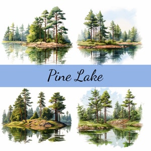 14 pini sul lago Clipart Bundle, JPG di alta qualità, artigianato, creazione di biglietti, Clip Art, artigianato di carta digitale, scrapbooking, paesaggio acquatico