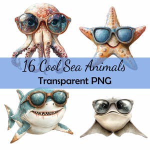 16 niedliche Meerestiere Sonnenbrillen Hai Tintenfisch Seestern Clipart Bundle transparent PNG Download, Karte, Clip Art, digitales Papiermodell, Cartoon
