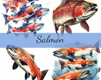 16 Salmon Fish Swimming Clipart Bundle, 16 High-Quality JPG, Craft Art, Card Making, Clip Art, Digital Paper Craft, Scrapbooking