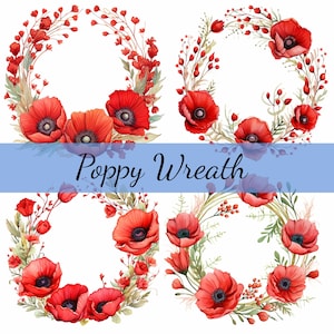 Bundle de cliparts couronnes de fleurs de pavot rouge, JPG de haute qualité, création artistique, fabrication de cartes, clipart, créations numériques sur papier, scrapbooking, cadre rond