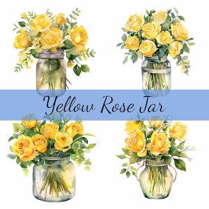 16 gele roos in glazen pot bloemboeket clipartbundel, hoogwaardige JPG, ambachtelijke kunst, kaarten maken, illustraties, scrapbooking, kunst aan de muur