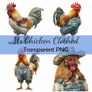 16 coq poulet bottes salopette chapeau de cowboy 16 Clipart Bundle, téléchargement PNG transparent, carte, clipart, créations numériques en papier, art populaire
