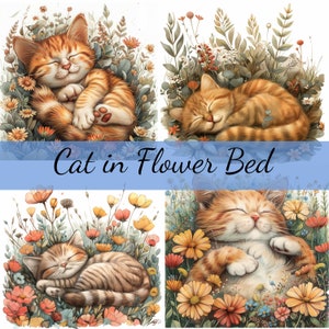 Lot de 15 cliparts chat mignon dormant dans un parterre de fleurs, JPG de haute qualité, création artistique, fabrication de cartes, clipart, créations numériques sur papier, scrapbooking