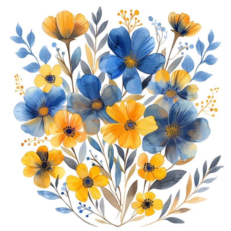 Abstract Blue and Yellow Flowers Clipart Bundle, 16 High-quality JPG ...