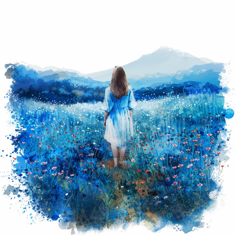 Woman Walking Cornflower Blue Flowers Clipart Bundle, Highquality JPG