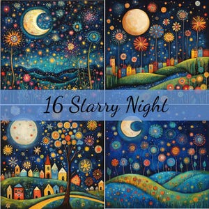16 Starry Night Moon Stars Woods clipartbundel, hoogwaardige JPG, ambachtelijke kunst, kaarten maken, illustraties, digitale papierkunst, scrapbooking folk