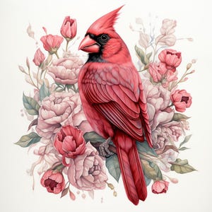 以下が含まれることがあります： ピンクと白の花に囲まれた枝に止まっている赤いカージナルの鳥。鳥は黒い嘴と黒い目をしています。花は咲いていて、緑の葉があります。