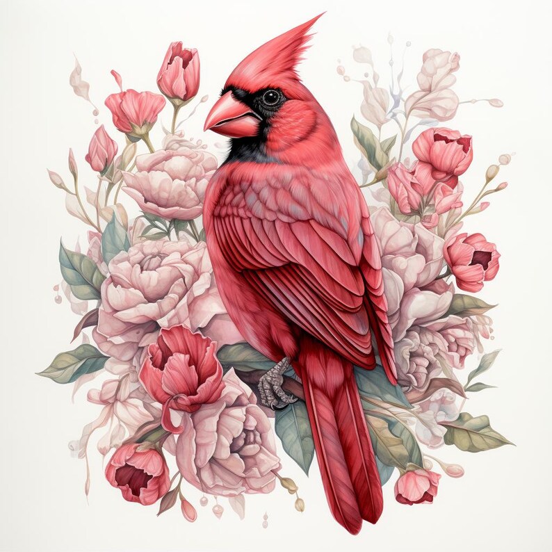 以下が含まれることがあります： ピンクと白の花に囲まれた枝に止まっている赤いカージナルの鳥。鳥は黒い嘴と黒い目をしています。花は咲いていて、緑の葉があります。