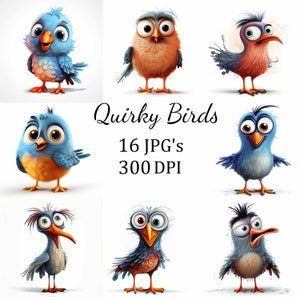 Paquete de 16 imágenes prediseñadas de pájaros divertidos y extravagantes, JPG, fabricación de tarjetas, imágenes prediseñadas, manualidades de papel digitales, álbumes de recortes, arte mural, arte infantil, dibujos animados