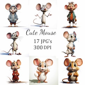 Lot de 17 cliparts souris drôle mignon, JPG, fabrication de cartes, clipart, créations numériques en papier, scrapbooking, art mural, art pour chambre d'enfant, dessin animé