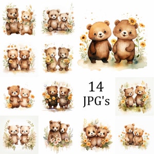 14 Bären Freunde Clipart Bundle, hochwertige JPG, Kinderzimmer Kunst, Kartenherstellung, Clip Art, Digitale Papiermodelle, Scrapbooking, Wandkunst