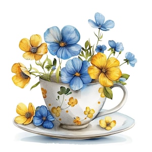 16 Bouquet di fiori in una tazza da tè Clipart Bundle, 16 JPG di alta qualità, Artigianato artistico, Creazione di biglietti, Clip Art, Artigianato di carta digitale, Scrapbooking