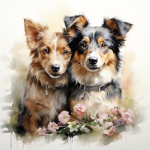 16 Hundefreunde mit Blumen Clipart-Bundle, 16 hochwertige JPG, Kinderzimmer-Kunst, Kartenherstellung, Clip Art, digitales Papiermodell, Hundekunst, Hund JPG