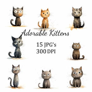 15 Cute Silly Kitten Cats Clipart Bundle, JPG, Card Making, Clip Art, Digital Paper Craft, Scrapbooking, Wall Art, Nursery Art, Cartoon