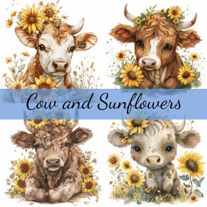 Pacote de 16 clipart de vaca fofa com flores de girassóis, 16 JPG de alta qualidade, arte artesanal, criação de cartões, clip art, artesanato em papel digital, scrapbooking