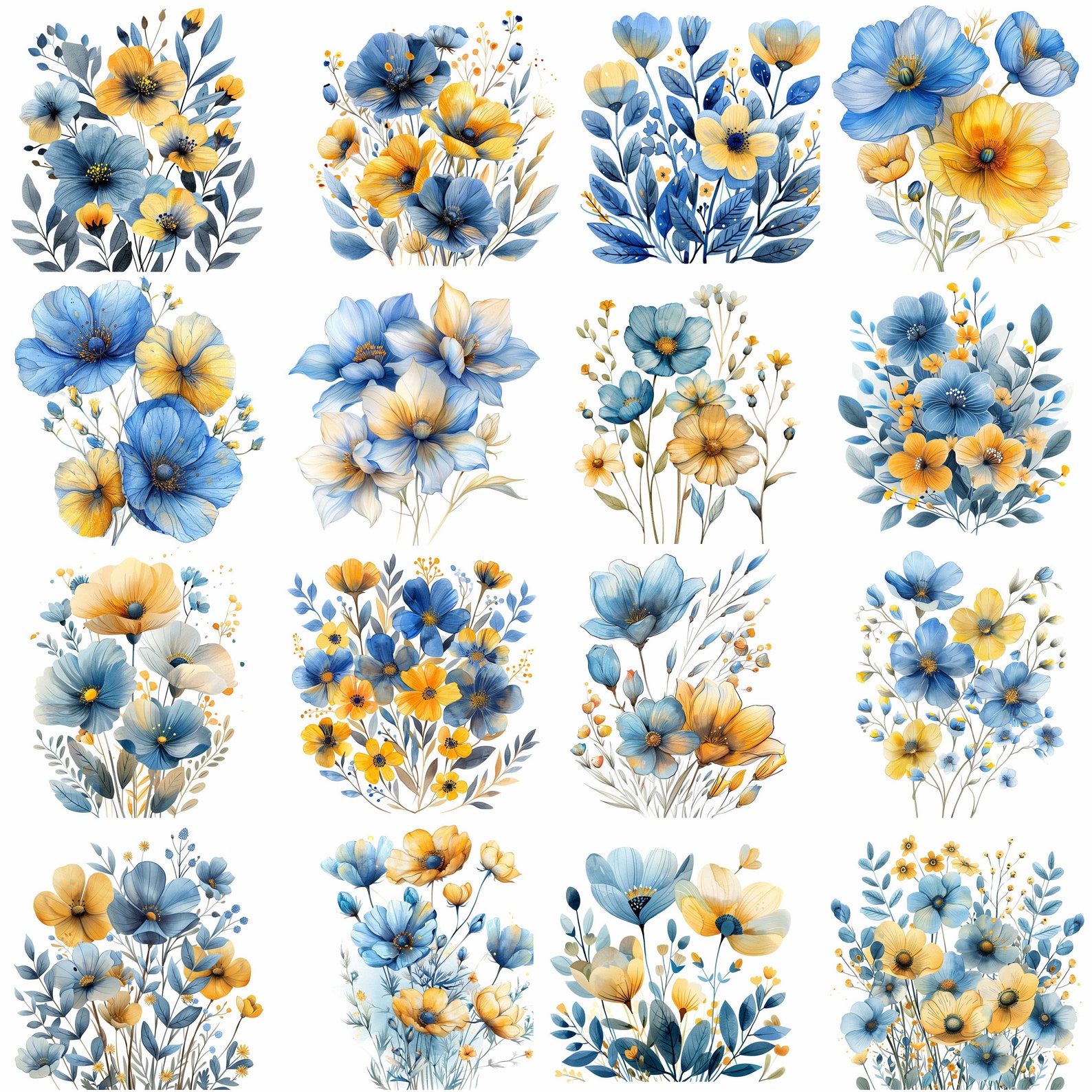 Abstract Blue and Yellow Flowers Clipart Bundle, 16 High-quality JPG ...