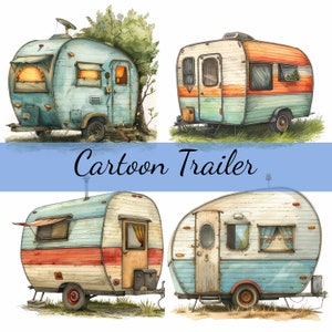 16 Cartoon Camper Trailer Caravan Clipart Bundle, 16 High-Quality JPG, Craft Art, Card Making, Clip Art, Digital Paper Craft, Scrapbooking