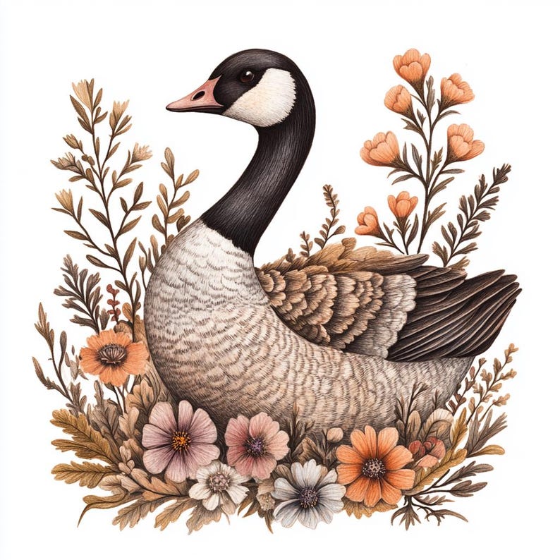 Folk Art Goose With Flowers Clipart Bundle 12 Transparent PNG Download