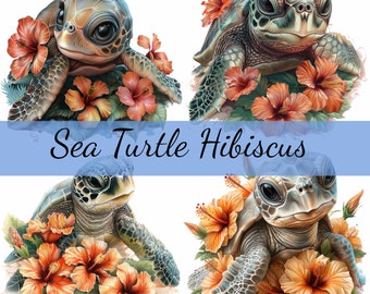16 Sea Turtle With Hibiscus Flowers Clipart Bundle, 16 High