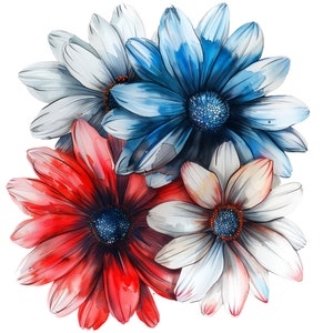Red White Blue Daisy Flowers Clipart Bundle, 16 High-quality JPG, Craft ...